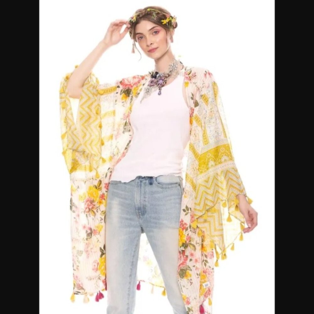 Aratta Silent Journey Floral Boho Color Story Kimono with fringe One size NWT